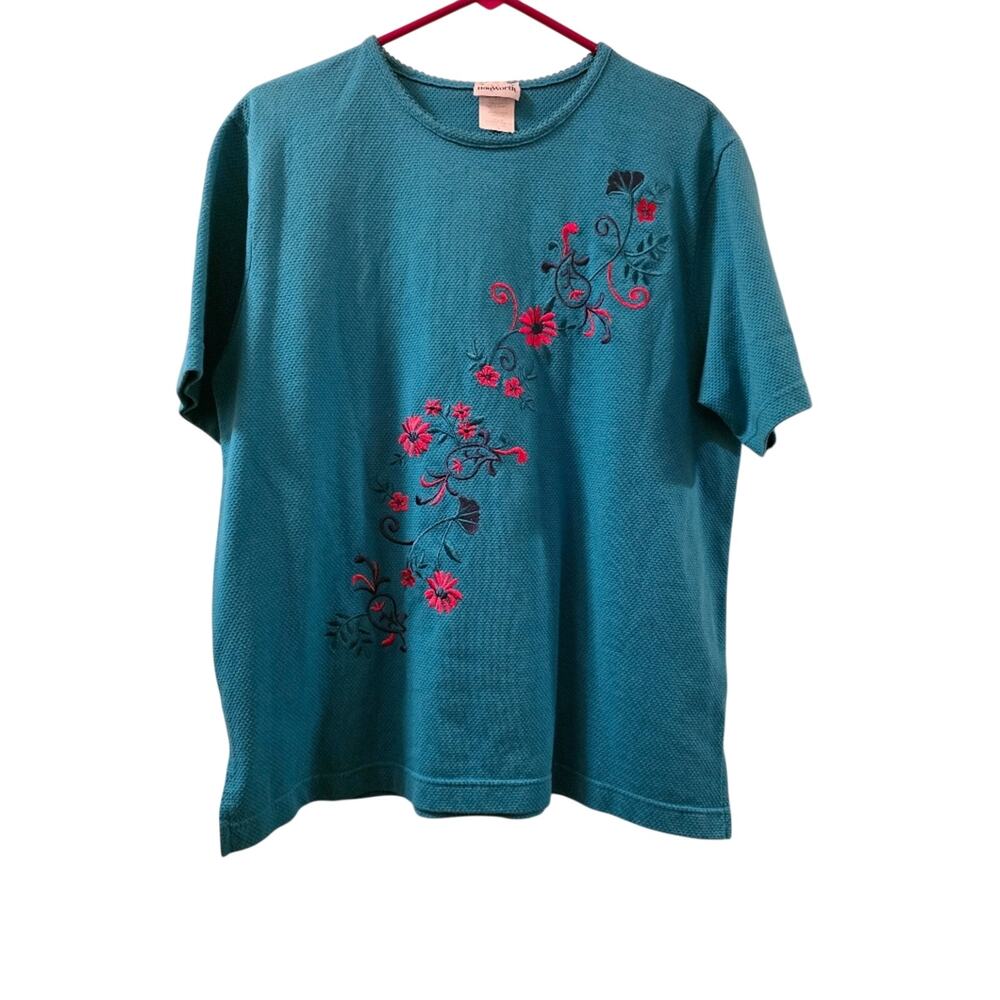 Vtg 90s Floral Embroidered Blouse Blue W/Pink Flowers Cottagecore Boho Sz S